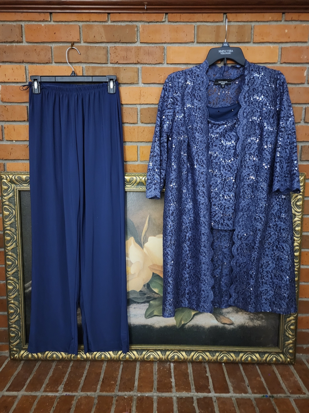 R & M Richards Navy Sequin Tank, Jacket & Pants Set 6P - Picture 2 of 10
